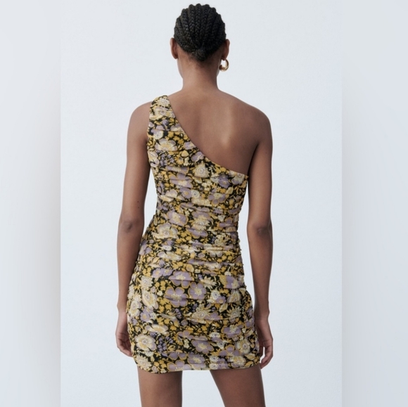 Zara One Shoulder Floral Mettalic Details Mini Dress Sz S NWT - Picture 2 of 14